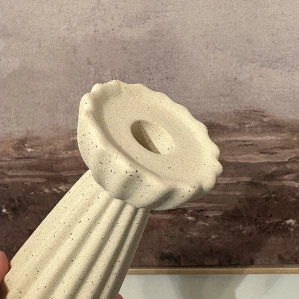 Ceramic Ribbed Taper 1/ Candle  Holder Beige - Threshold Studio  McGee